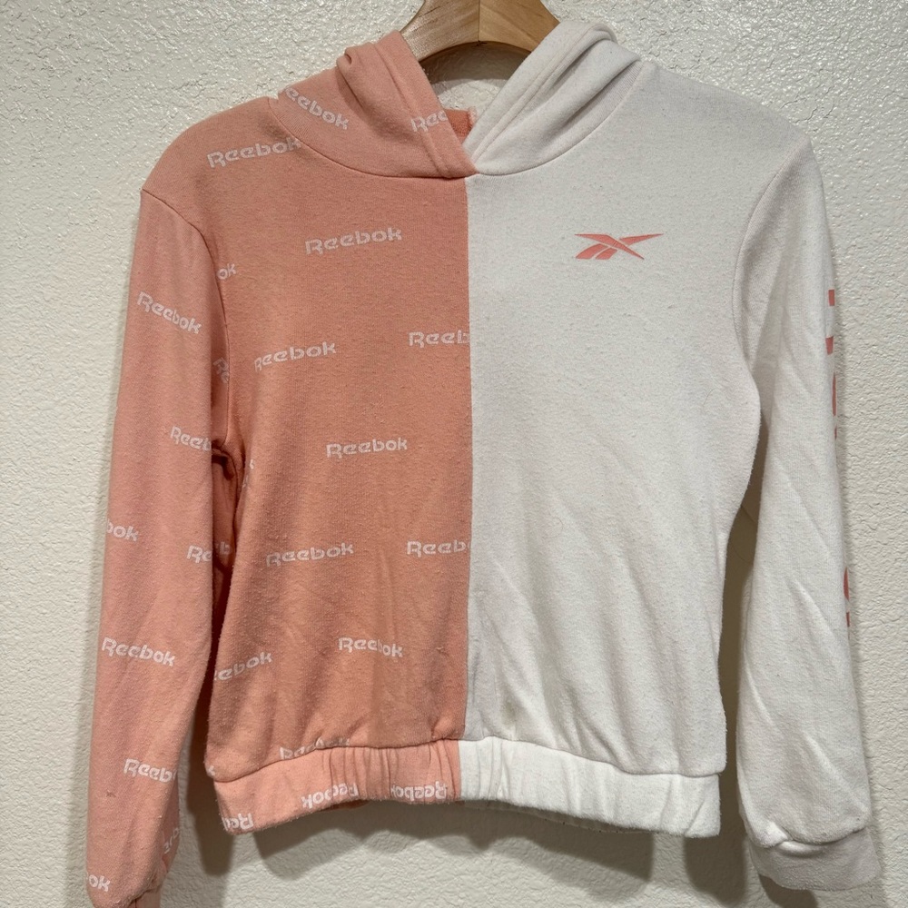 Kids Reebok Girls Pink White Logo Pullover Hoodie Sweatshirt L 12